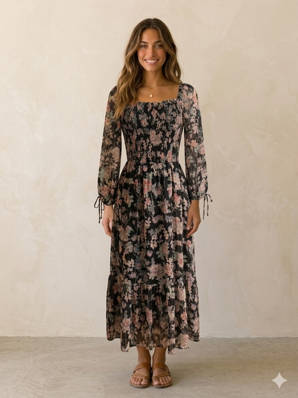 LC Lauren Conrad Black Floral Midi Dress with Pink and Green Accents